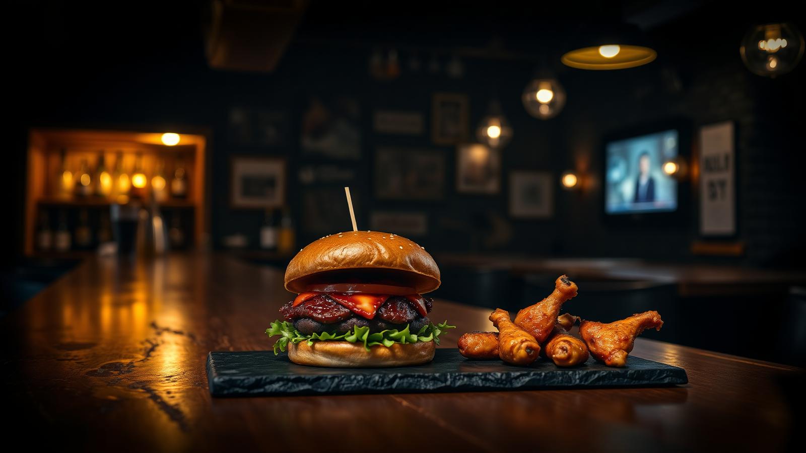 Wagyu burger and chicken wings on slate at a warmly lit bar